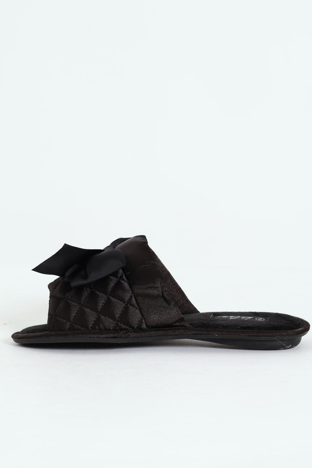 Quilted Open Toe Slipper With Petersham Bow - Black