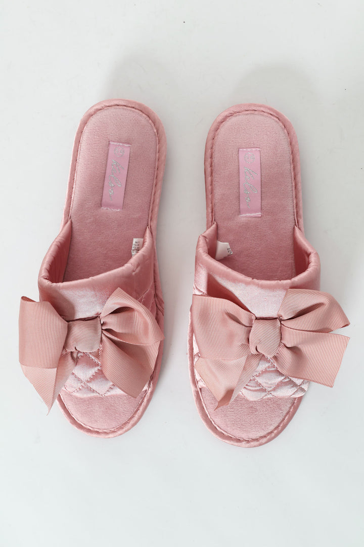 Quilted Open Toe Slipper With Petersham Bow - Blush