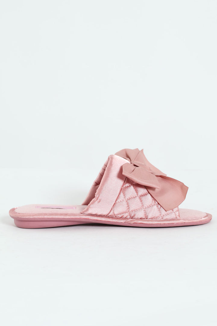 Quilted Open Toe Slipper With Petersham Bow - Blush