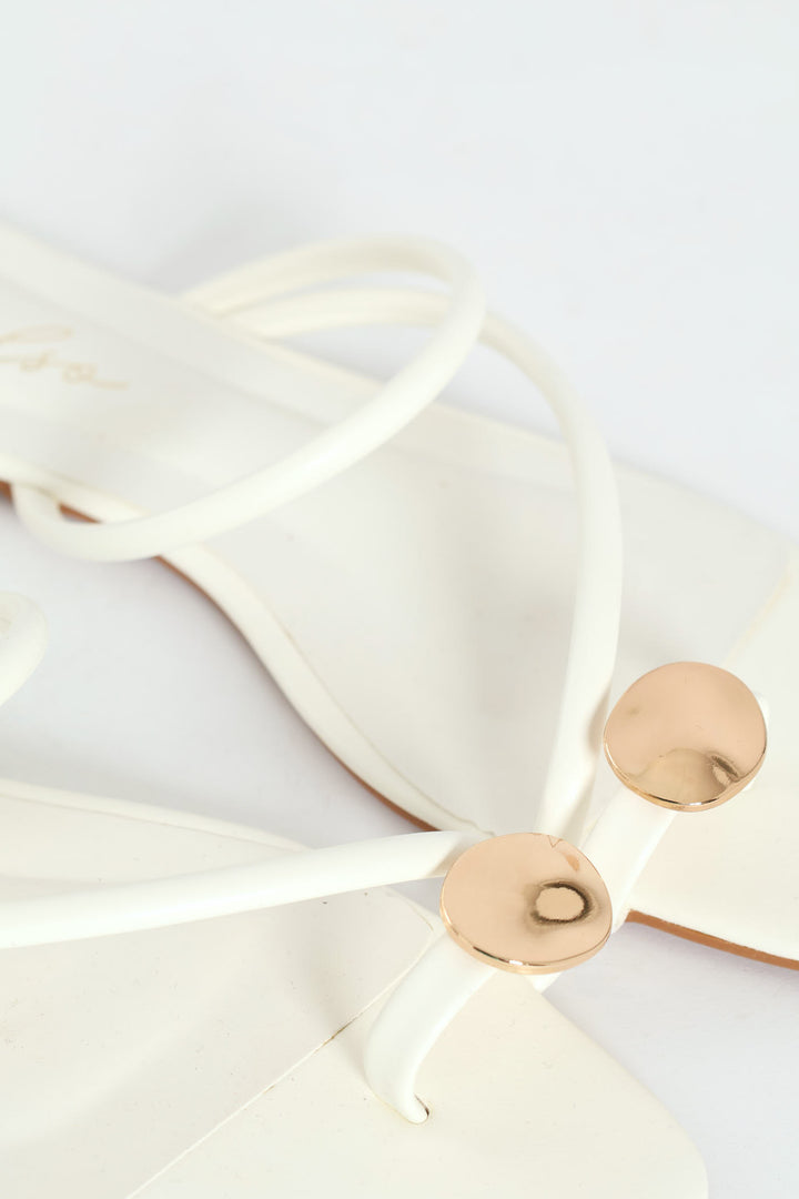 Basic Toe Post Mule Sandal With Metal Circle Trim - White