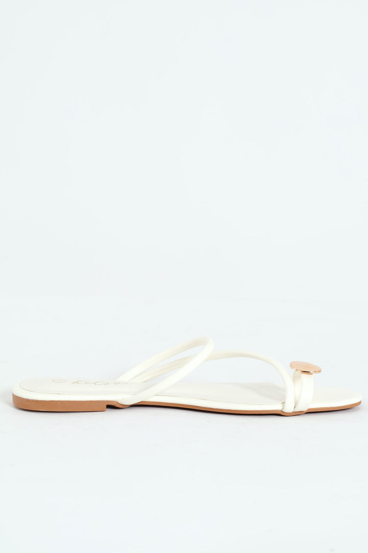 Basic Toe Post Mule Sandal With Metal Circle Trim - White