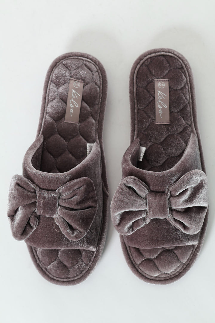 Velour Open Toe Slipper With Bow Detail - Grey