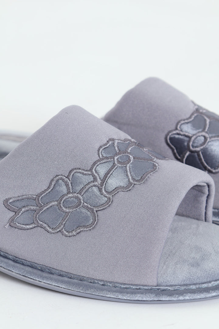Quilted Open Toe Slipper With Flower Detail - Grey