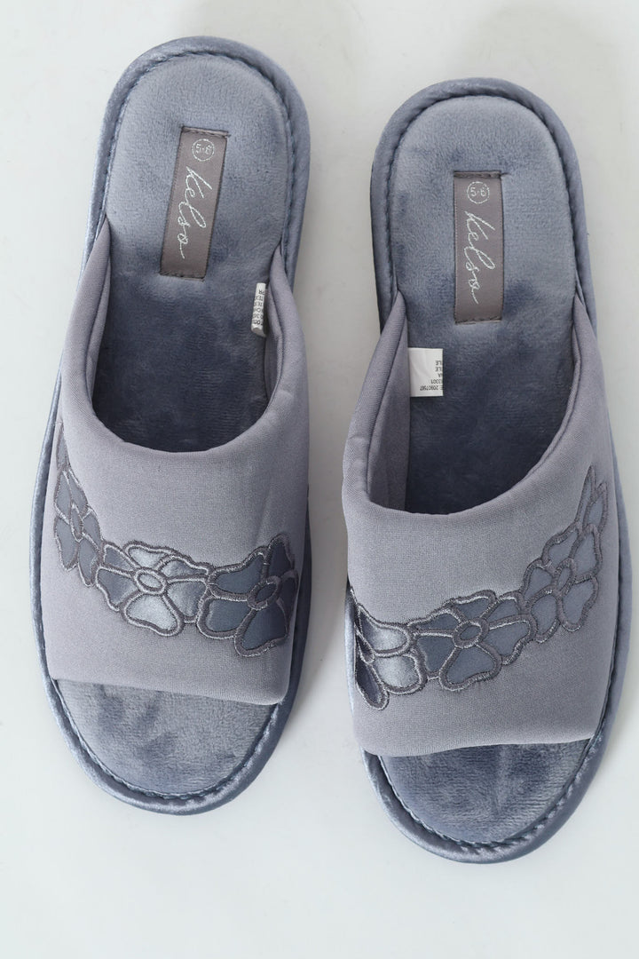 Quilted Open Toe Slipper With Flower Detail - Grey