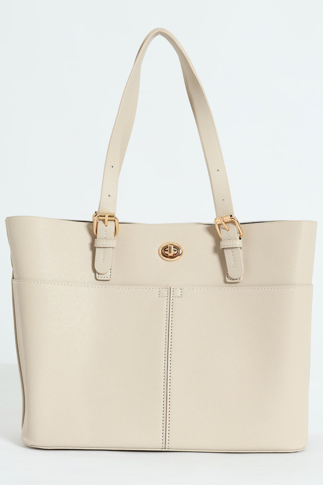 Front Pocket Detail Gold Trim Tote Bag - Stone