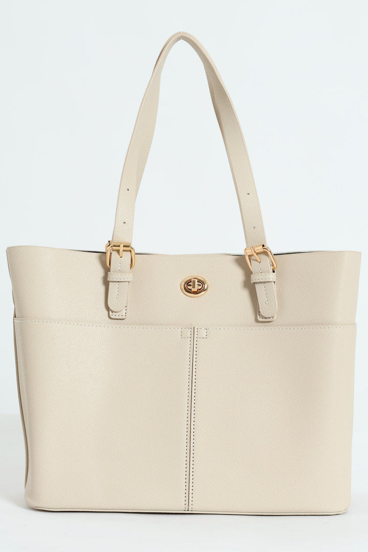 Front Pocket Detail Gold Trim Tote Bag - Stone