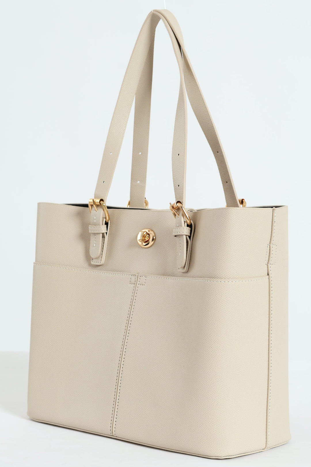 Front Pocket Detail Gold Trim Tote Bag - Stone