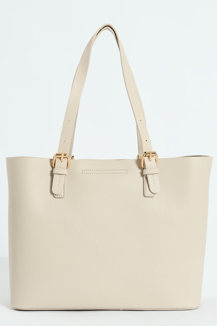 Front Pocket Detail Gold Trim Tote Bag - Stone