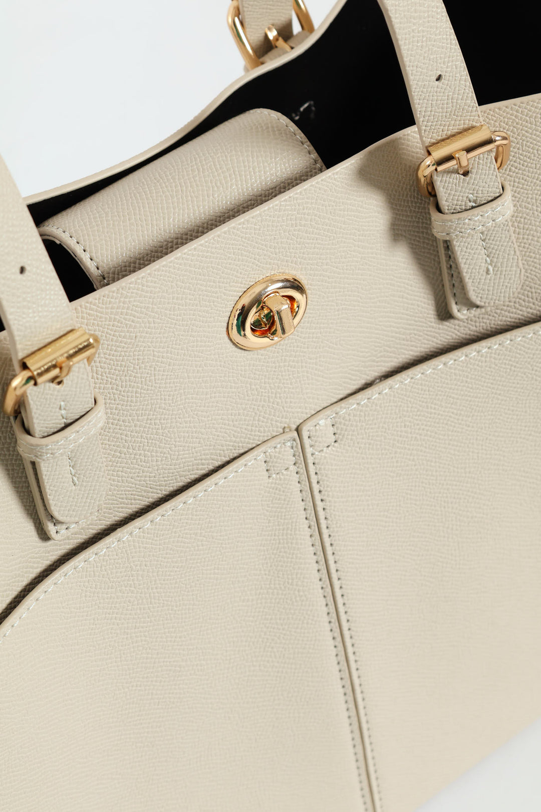 Front Pocket Detail Gold Trim Tote Bag - Stone