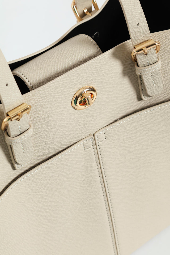 Front Pocket Detail Gold Trim Tote Bag - Stone