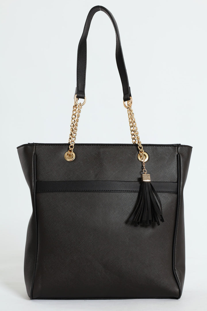 Chain & Tassel Trim Shopper Bag - Black