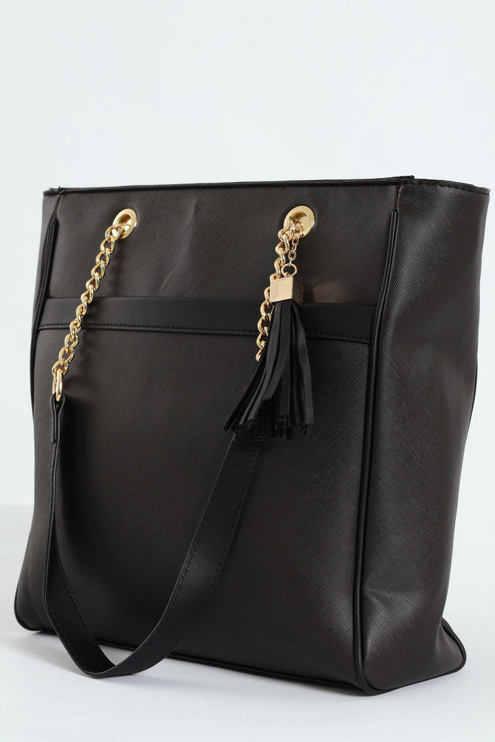 Chain & Tassel Trim Shopper Bag - Black