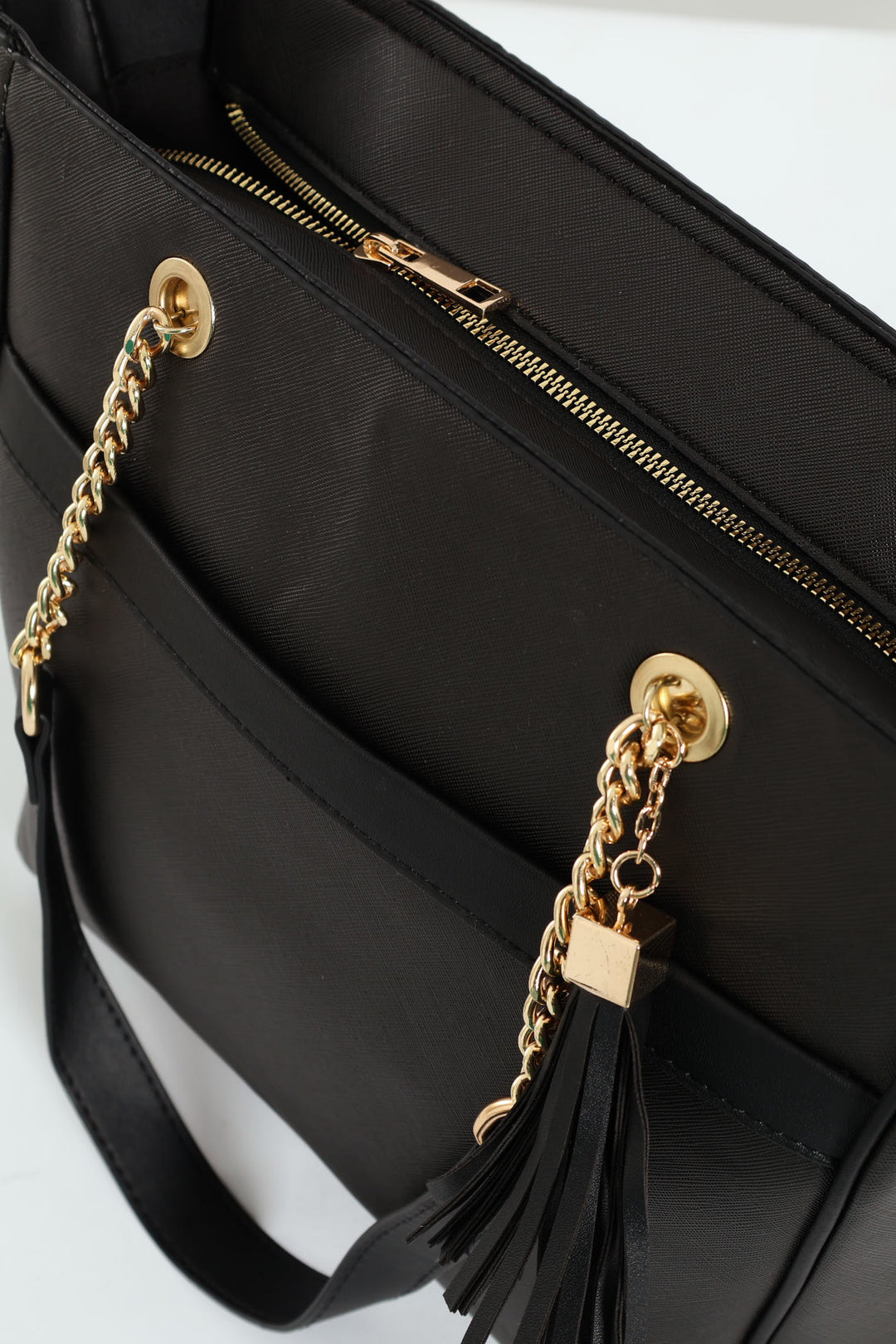 Chain & Tassel Trim Shopper Bag - Black