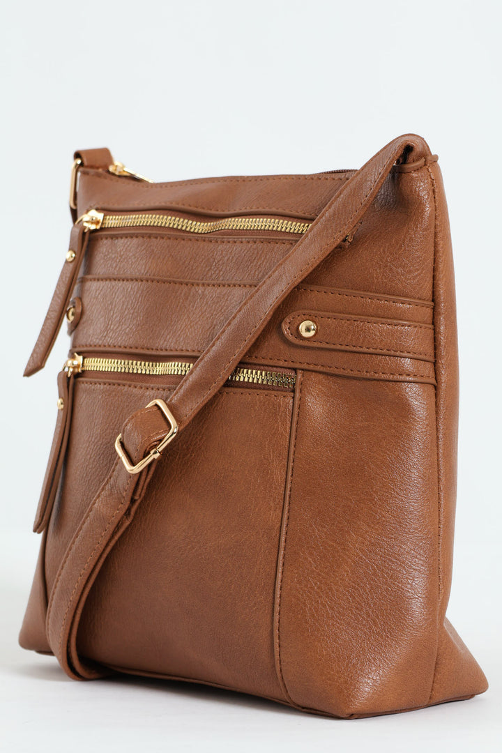 Zip Detail Crossbody Bag - Brown