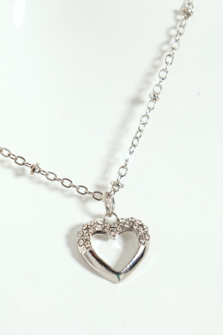 Diamante Cutout Heart Pendant Necklace - Silver