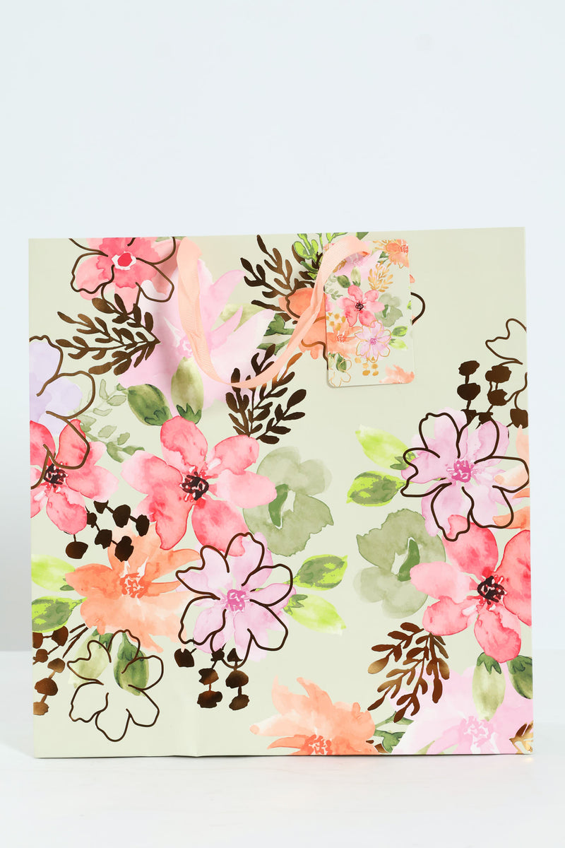 Medium Floral Watercolour Gift Bag - Sage