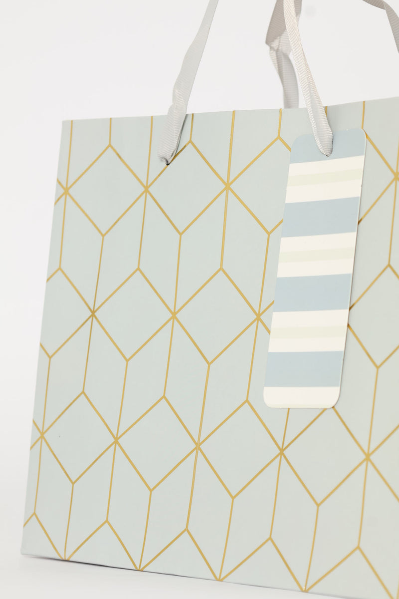 Gold Foil Cube Print Gift Bag - Light Blue