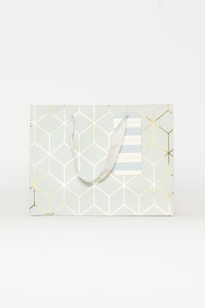Gold Foil Cube Print Gift Bag - Light Blue