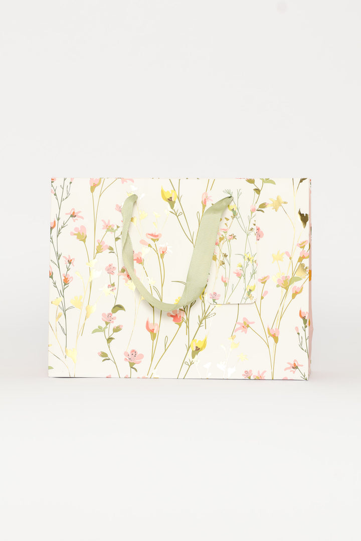 Spring Floral Polka Gold Foil Gift Bag - White