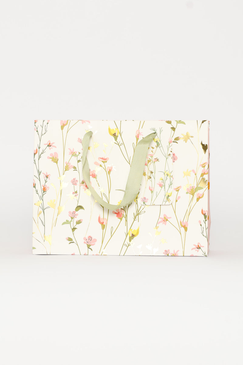 Spring Floral Polka Gold Foil Gift Bag - White
