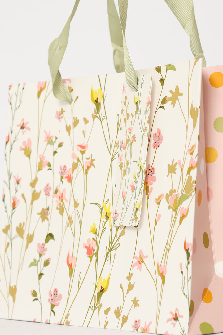 Spring Floral Polka Gold Foil Gift Bag - White