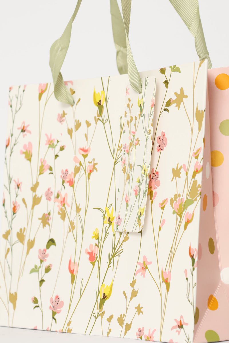 Spring Floral Polka Gold Foil Gift Bag - White