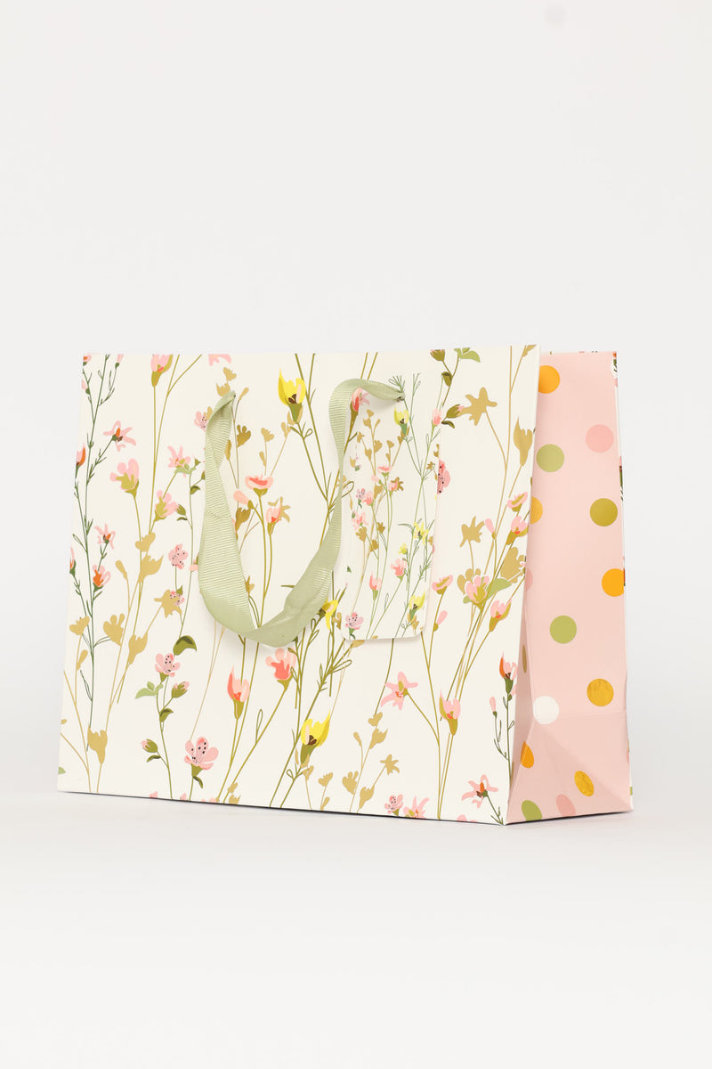 Spring Floral Polka Gold Foil Gift Bag - White