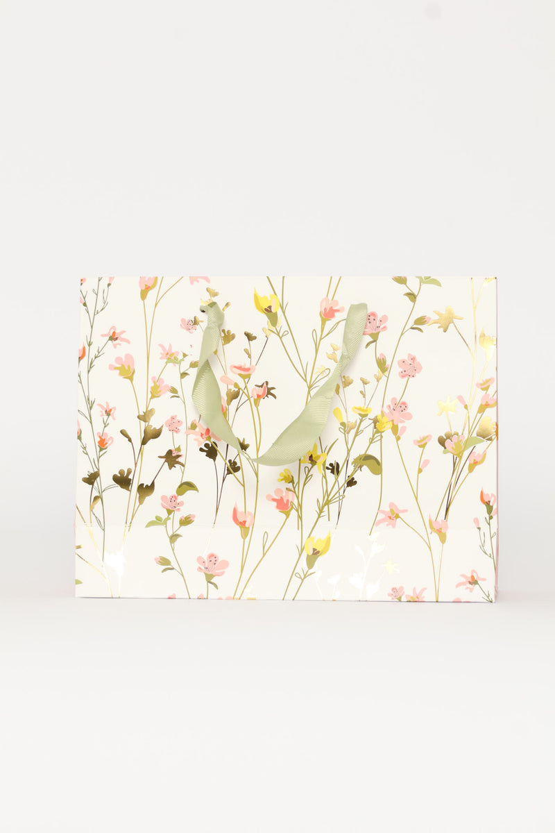 Spring Floral Polka Gold Foil Gift Bag - White