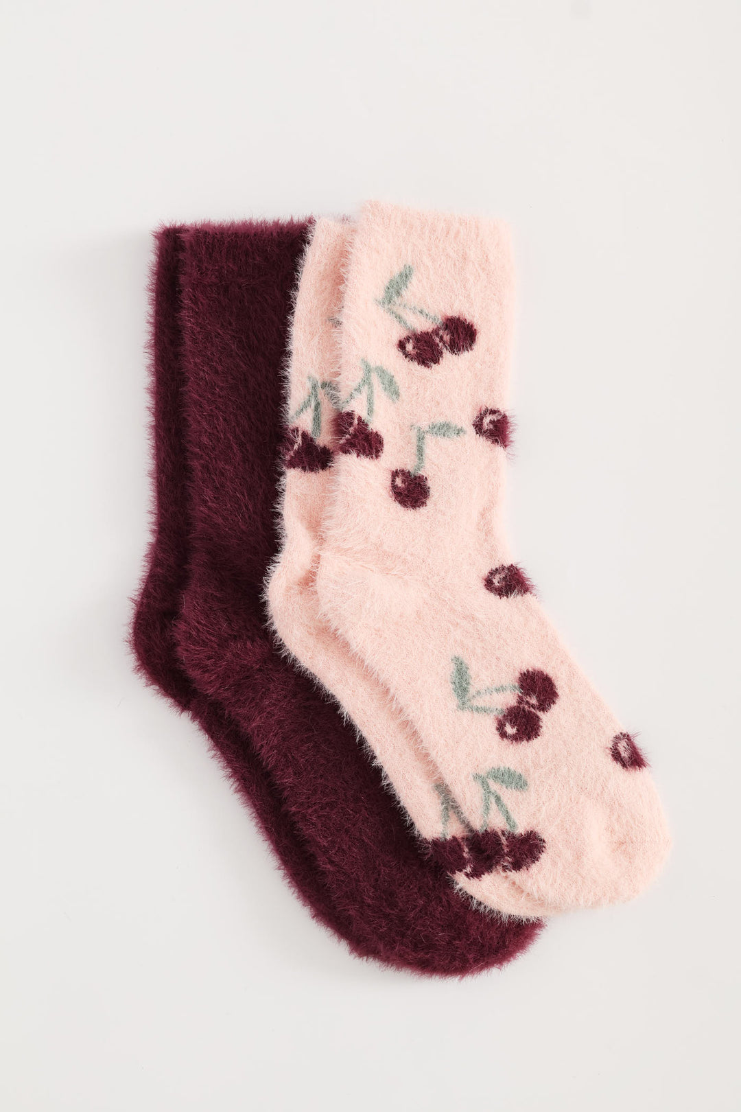 2 Pack Chenille Cherries Cosy Socks - Burgundy