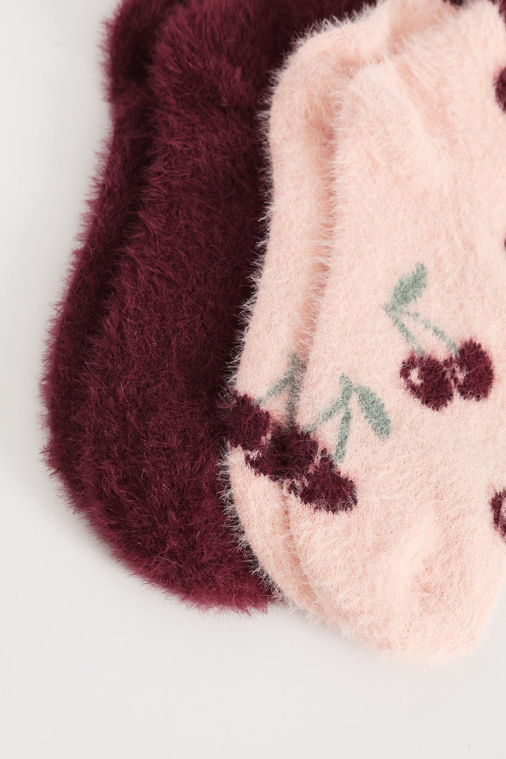 2 Pack Chenille Cherries Cosy Socks - Burgundy