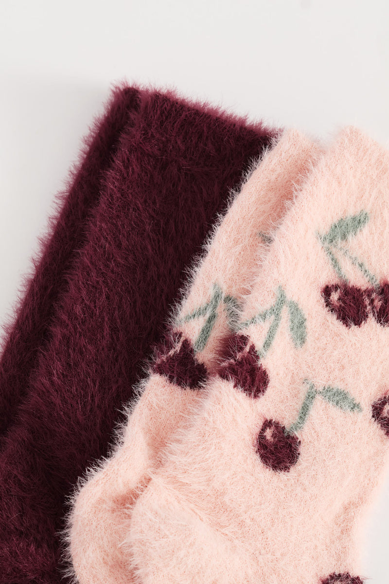 2 Pack Chenille Cherries Cosy Socks - Burgundy