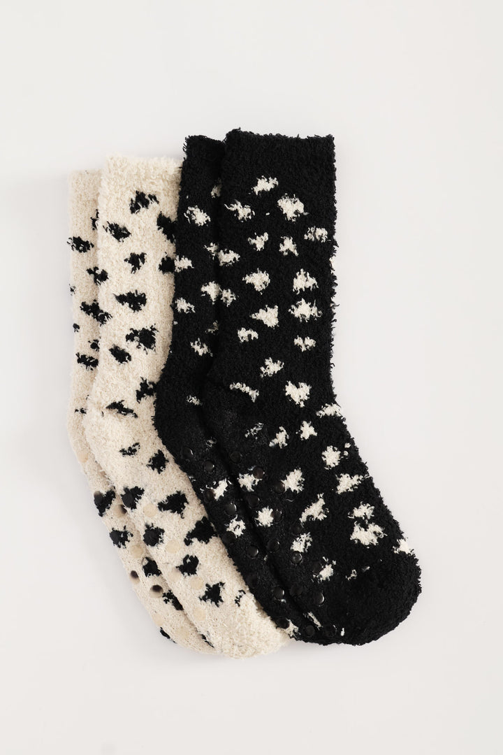 2 Pack Abstract Spot Cosy Socks - Black/Beige