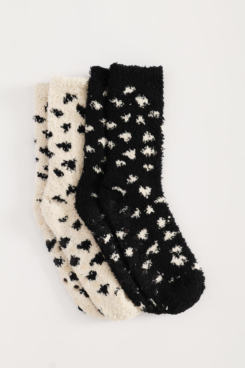 2 Pack Abstract Spot Cosy Socks - Black/Beige