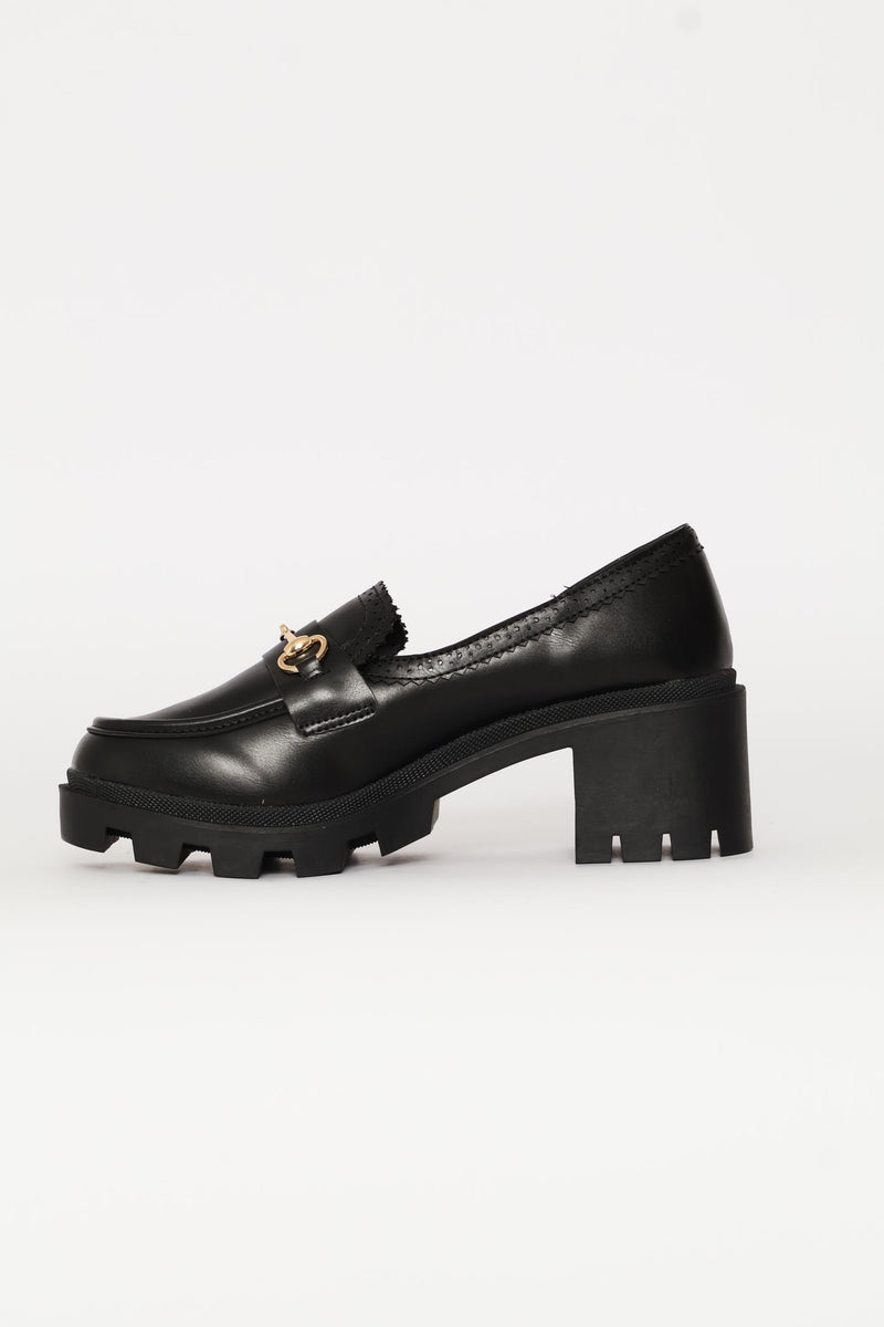 Metal Trim Chunky Heel Loafer - Black