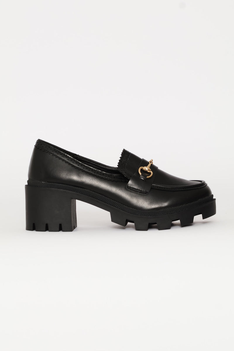 Metal Trim Chunky Heel Loafer - Black