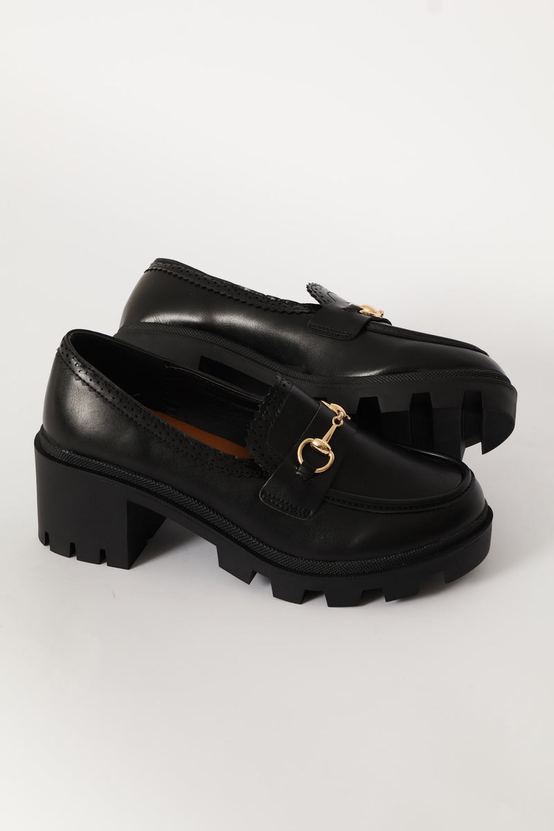 Metal Trim Chunky Heel Loafer - Black