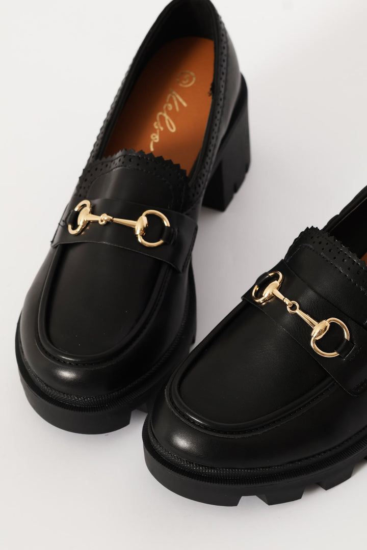 Metal Trim Chunky Heel Loafer - Black