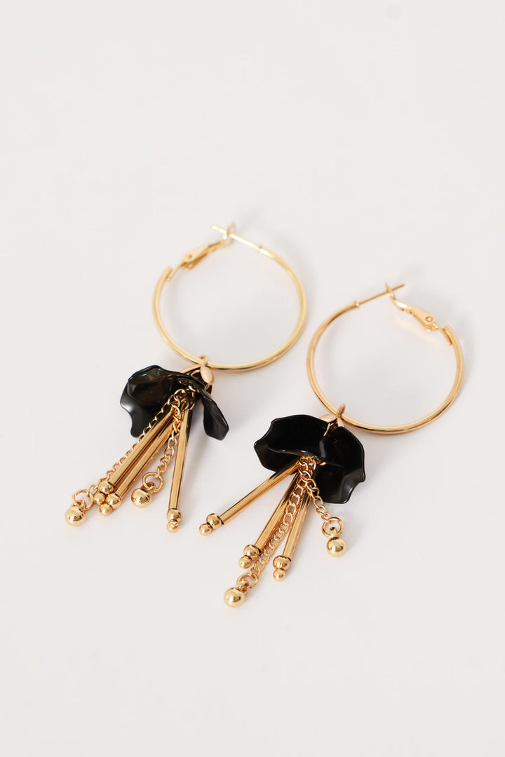 Floral Dangly Hoop Earrings - Gold