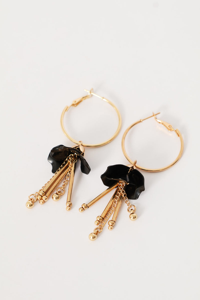 Floral Dangly Hoop Earrings - Gold