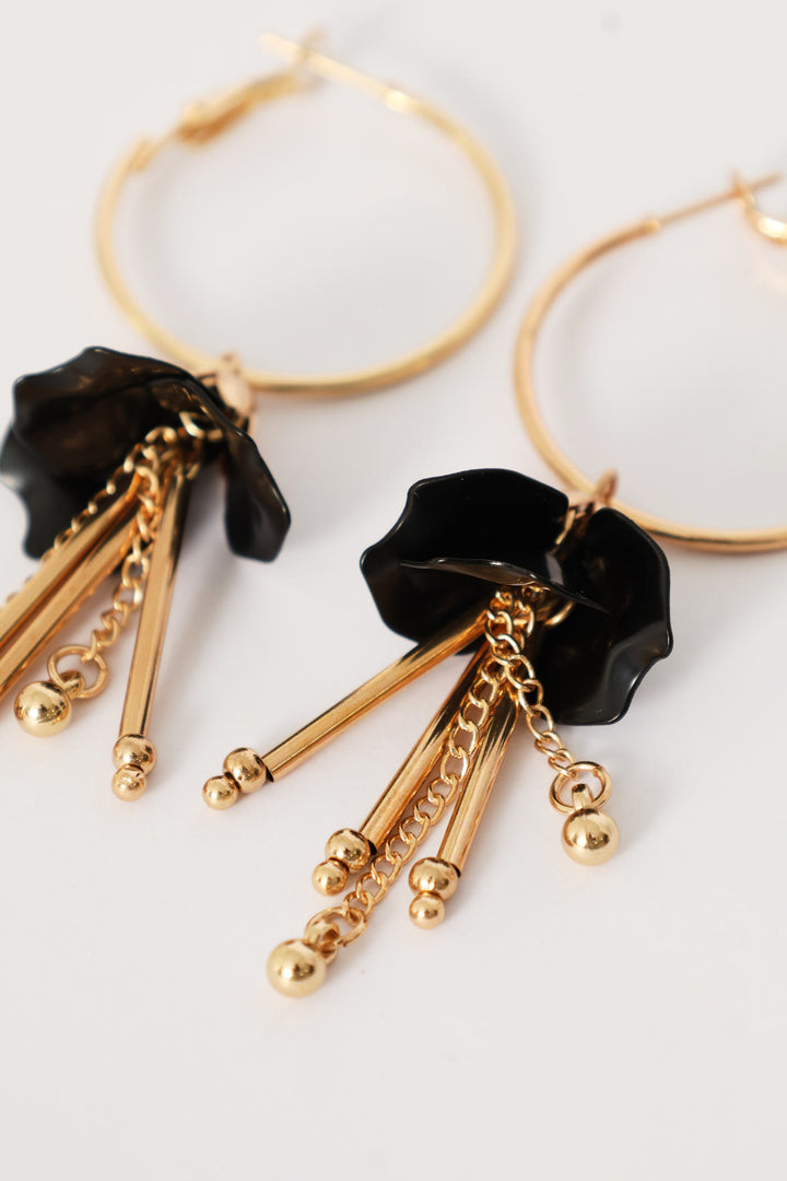 Floral Dangly Hoop Earrings - Gold
