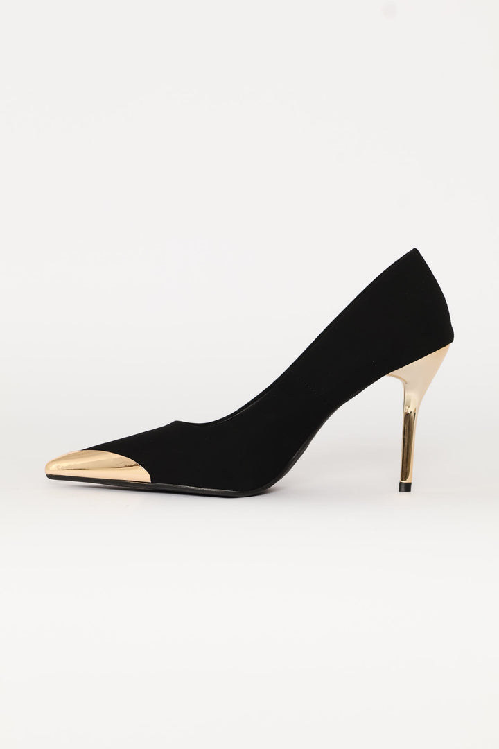 Metal Toe Cap Court Gold Heel - Black