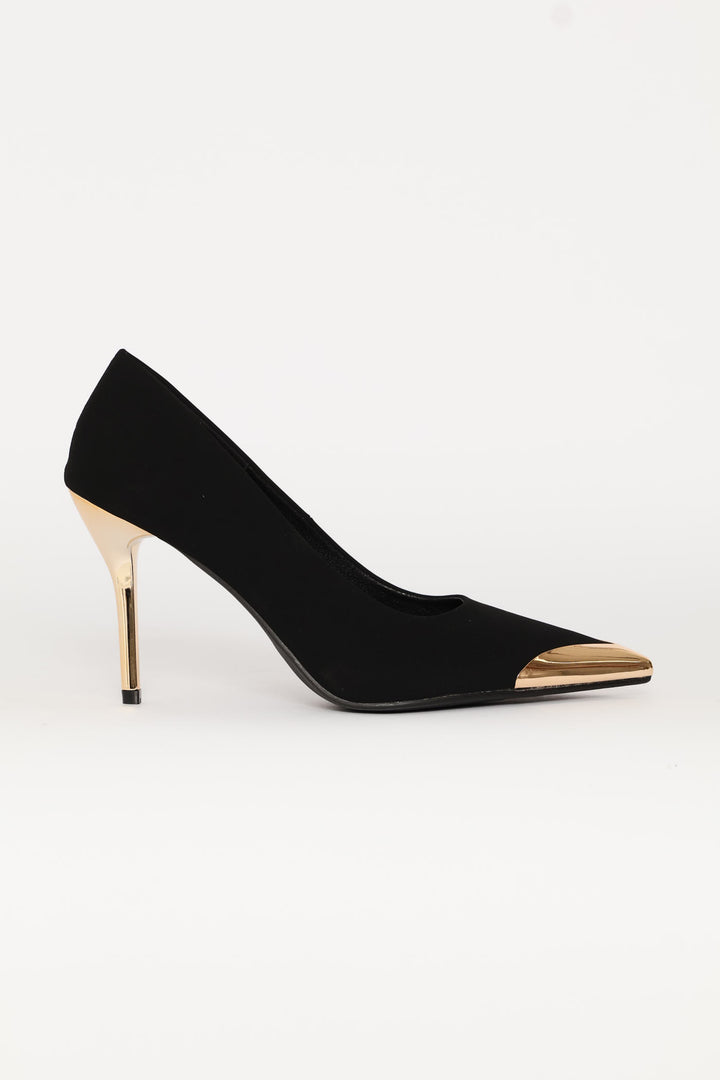 Metal Toe Cap Court Gold Heel - Black