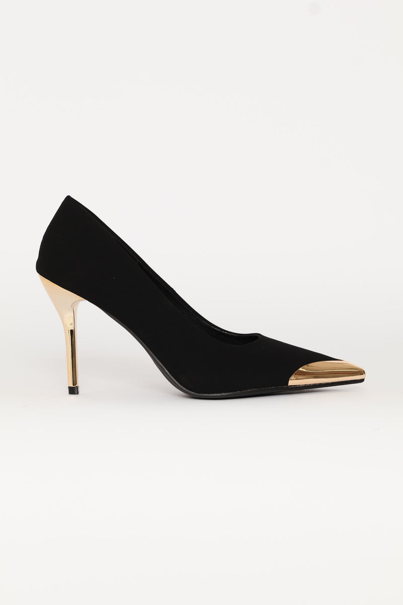 Metal Toe Cap Court Gold Heel - Black