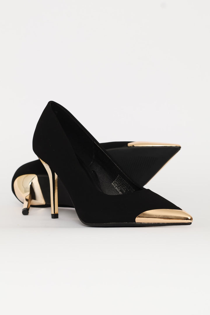 Metal Toe Cap Court Gold Heel - Black