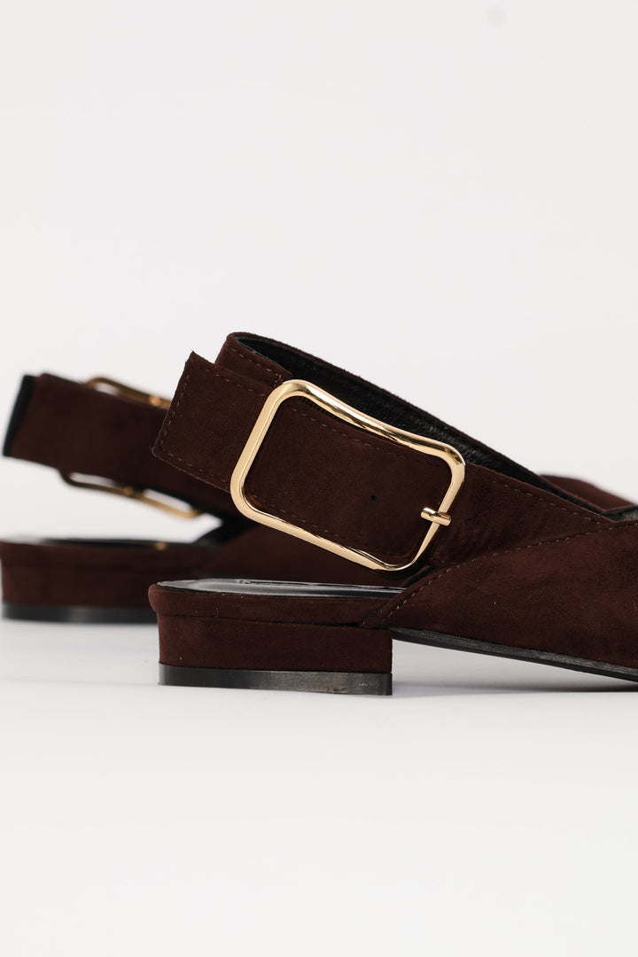 Pointy Slingback Buckled Strap V-Cut Mule - Chocolate
