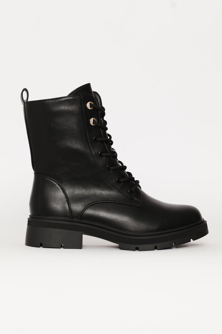 Trim Detail Combat Boot - Black