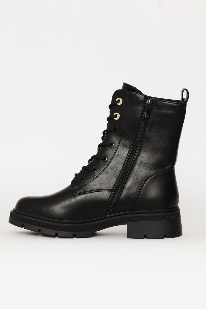 Trim Detail Combat Boot - Black