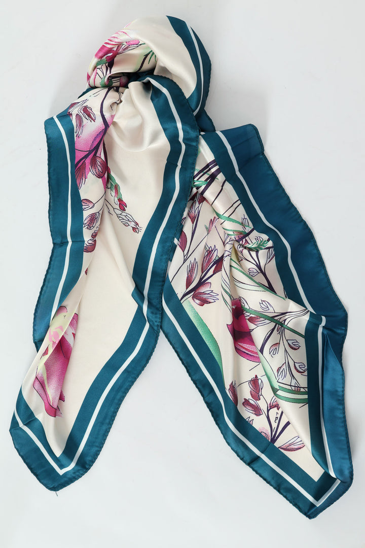 Floral Print Boarder Satin Feel Scarf - Teal