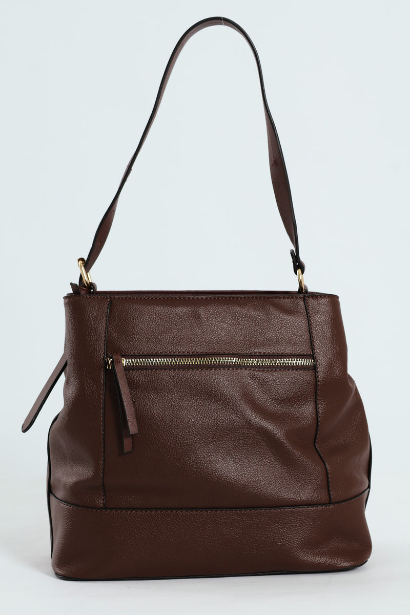 Front Zip Bucket Bag - Dark Brown