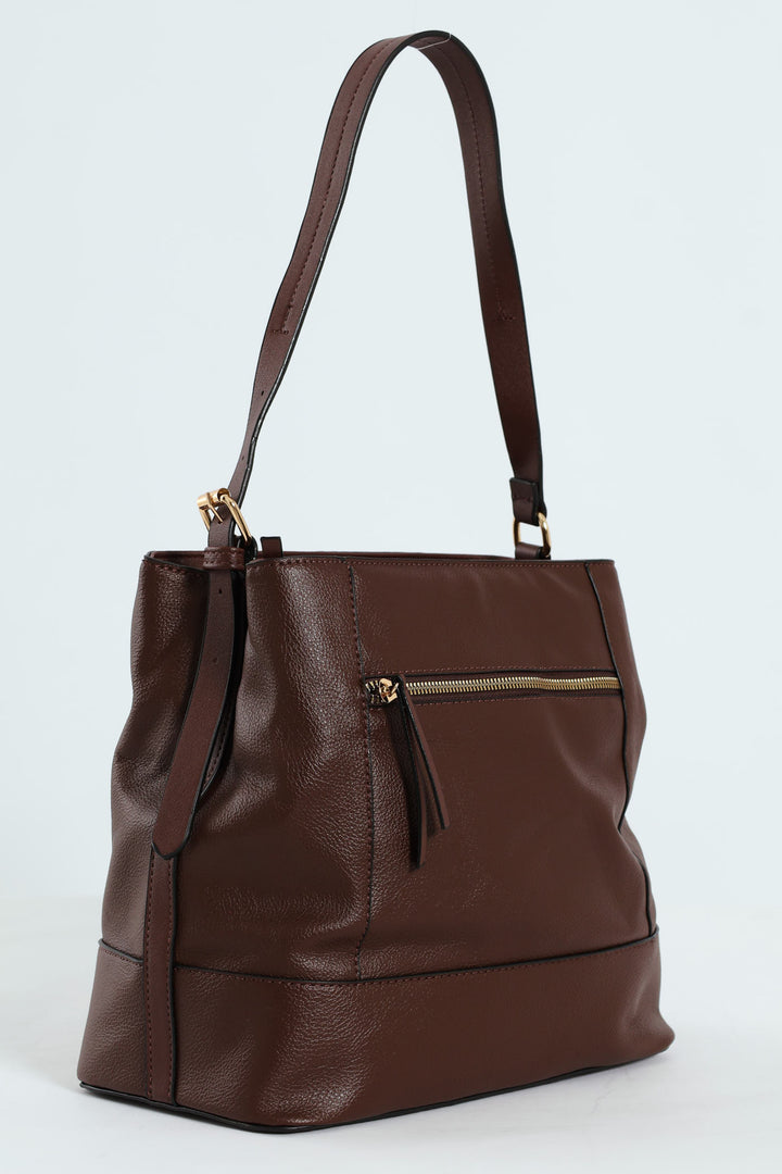 Front Zip Bucket Bag - Dark Brown